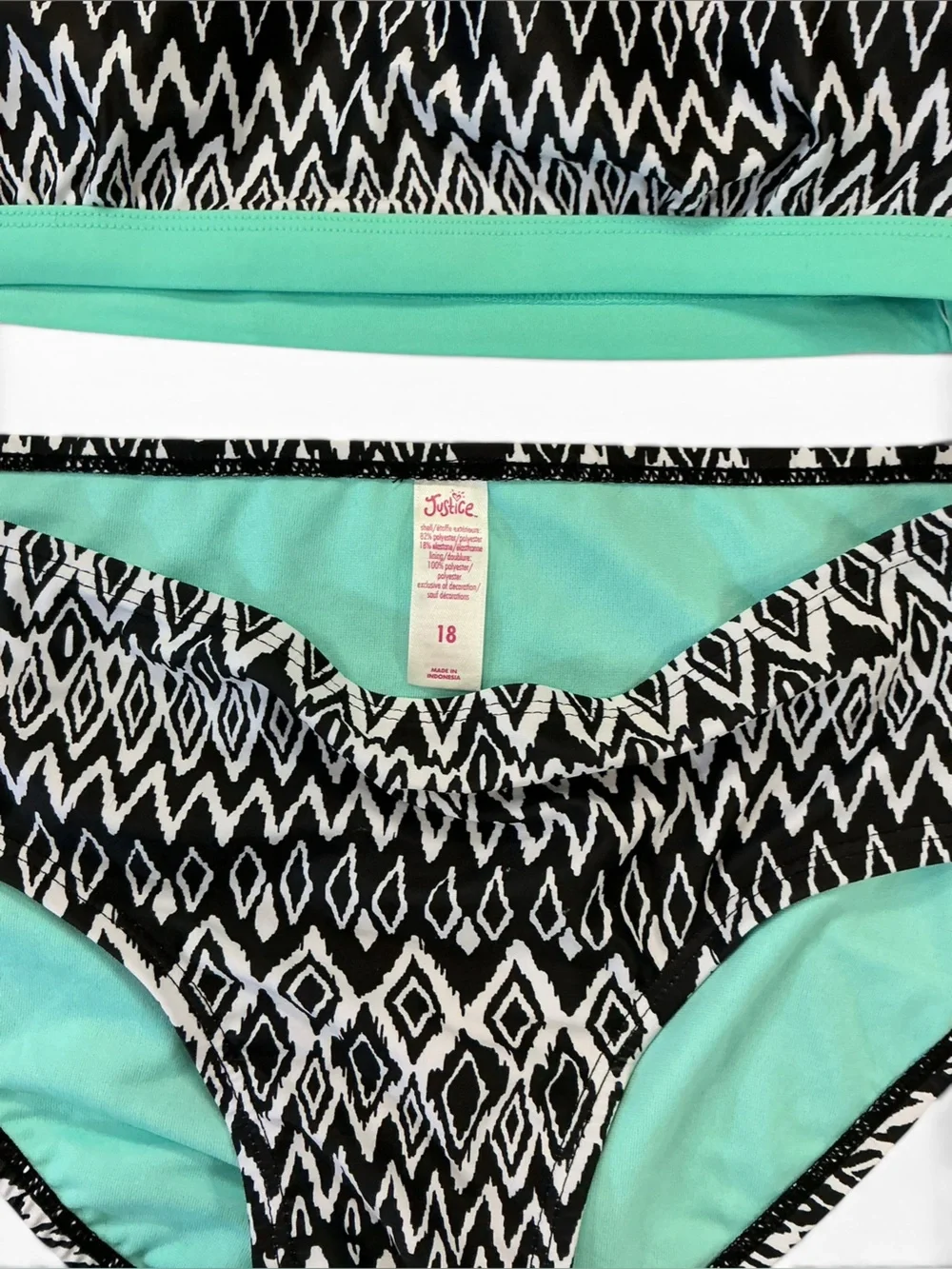 Justice Black & White Geometric Bikini with Mint Accents SPF 50 NWT sz.18